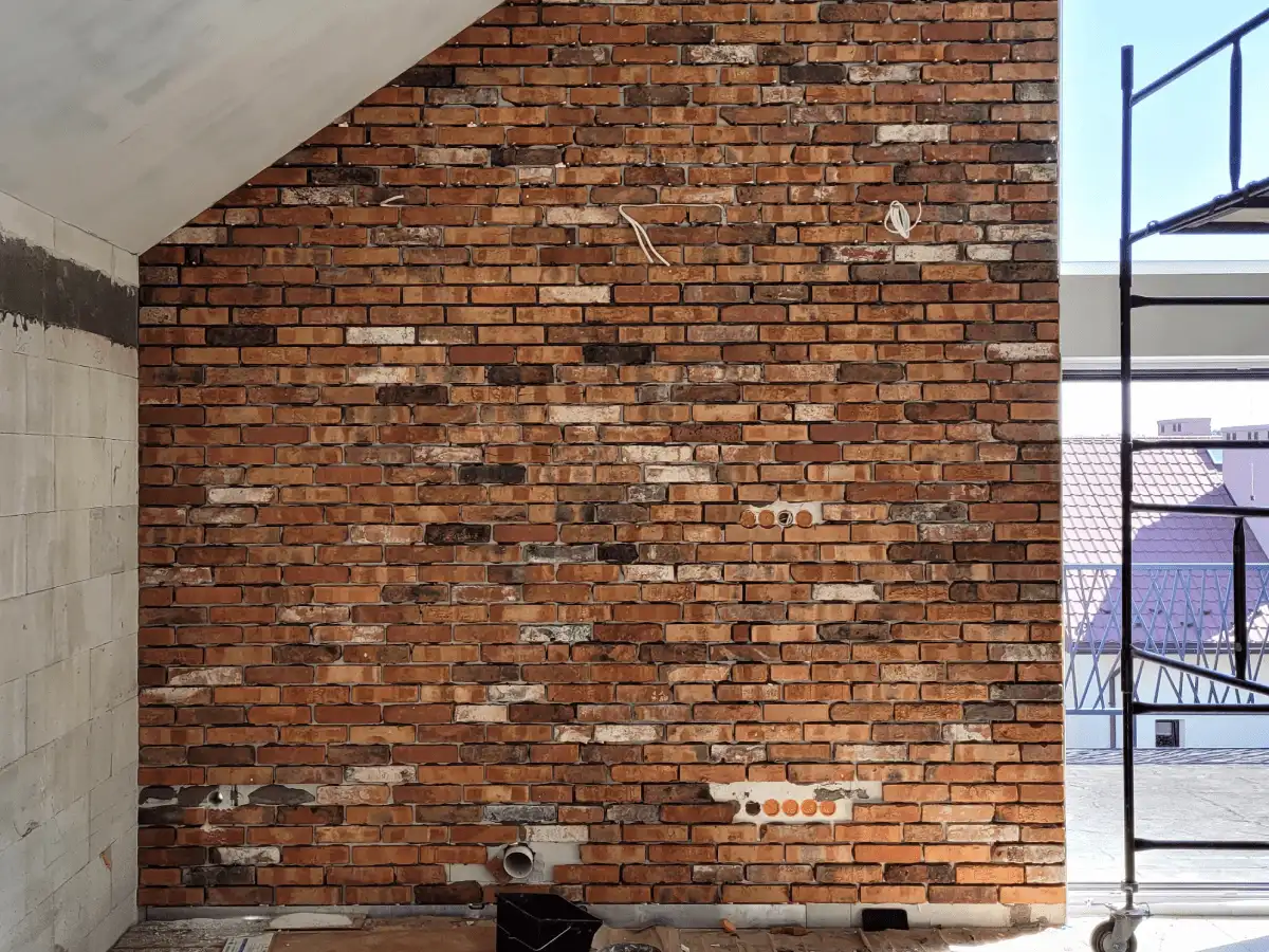 Montaż płytek dekoracyjnych na ścianie ze skosem z użyciem rusztowania - w trakcie realizacji